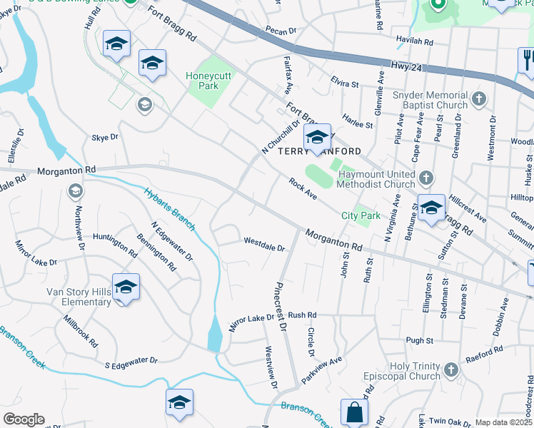 map of restaurants, bars, coffee shops, grocery stores, and more near 2207 Morganton Road in Fayetteville