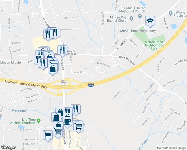 map of restaurants, bars, coffee shops, grocery stores, and more near 11724 Guenoc Court in Charlotte
