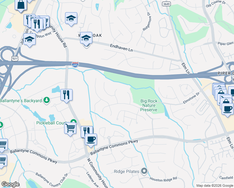 map of restaurants, bars, coffee shops, grocery stores, and more near 6816 Elmstone Drive in Charlotte