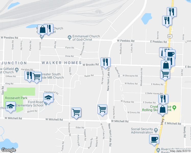 map of restaurants, bars, coffee shops, grocery stores, and more near 225 Radar Road in Memphis