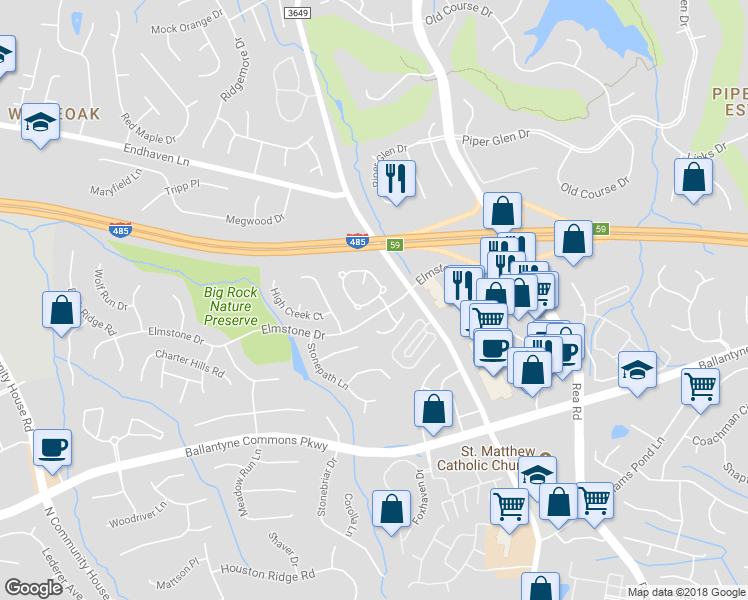 map of restaurants, bars, coffee shops, grocery stores, and more near 6106 Rosebriar Lane in Charlotte