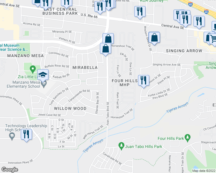 map of restaurants, bars, coffee shops, grocery stores, and more near 760 Juan Tabo Blvd SE in Albuquerque