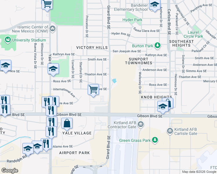 map of restaurants, bars, coffee shops, grocery stores, and more near 2915 Vail Avenue Southeast in Albuquerque