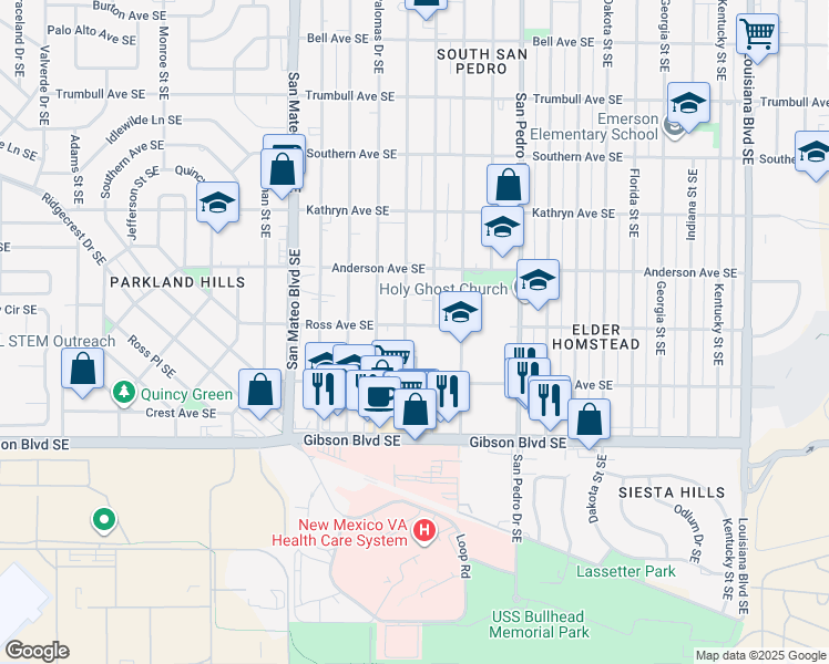 map of restaurants, bars, coffee shops, grocery stores, and more near 1100 Alvarado Drive Southeast in Albuquerque