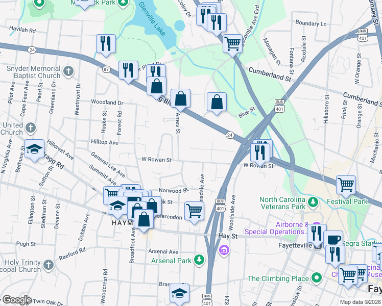 map of restaurants, bars, coffee shops, grocery stores, and more near 915 Carolina Avenue in Fayetteville