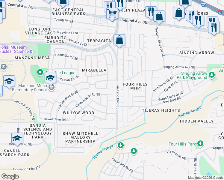 map of restaurants, bars, coffee shops, grocery stores, and more near 11800 Canyonlands Place Southeast in Albuquerque