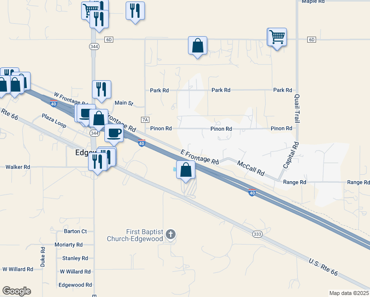 map of restaurants, bars, coffee shops, grocery stores, and more near 51 East Frontage Road in Edgewood