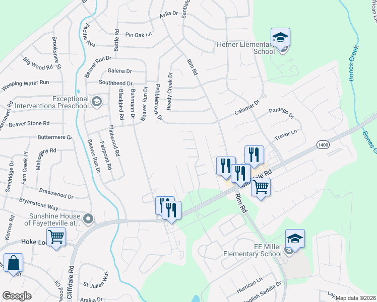 map of restaurants, bars, coffee shops, grocery stores, and more near 5119 Lime Street in Fayetteville