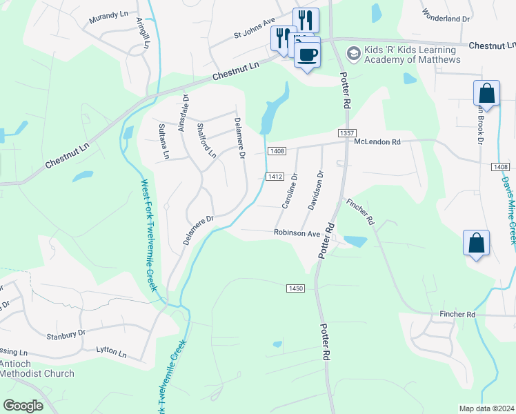 map of restaurants, bars, coffee shops, grocery stores, and more near 401 Jackson Place in Matthews