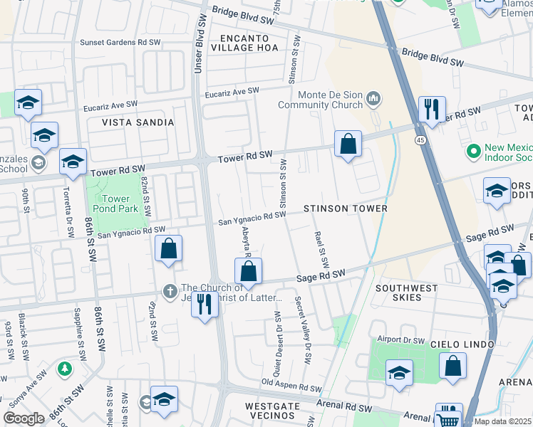 map of restaurants, bars, coffee shops, grocery stores, and more near 3800 San Ygnacio Road Southwest in Albuquerque