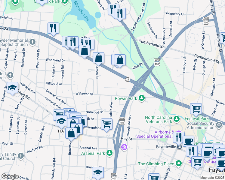 map of restaurants, bars, coffee shops, grocery stores, and more near 827 West Rowan Street in Fayetteville