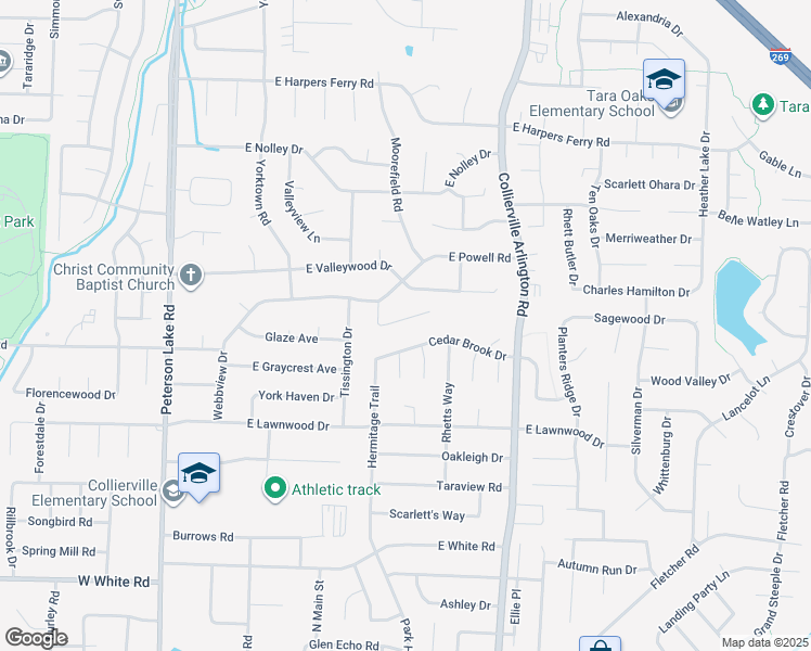 map of restaurants, bars, coffee shops, grocery stores, and more near 319 East Valleywood Drive in Collierville