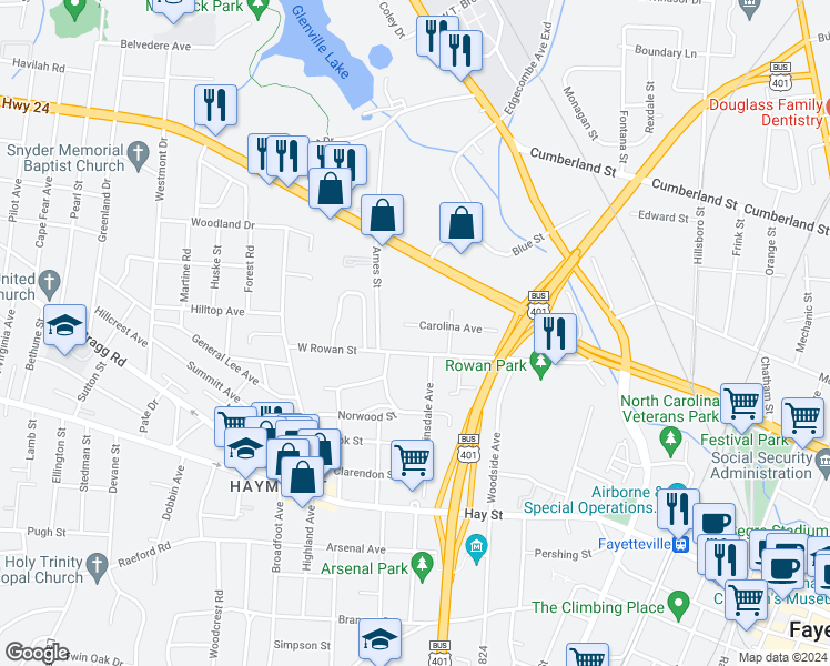 map of restaurants, bars, coffee shops, grocery stores, and more near 919 Carolina Avenue in Fayetteville