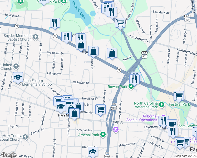 map of restaurants, bars, coffee shops, grocery stores, and more near 941 Bragg Boulevard in Fayetteville