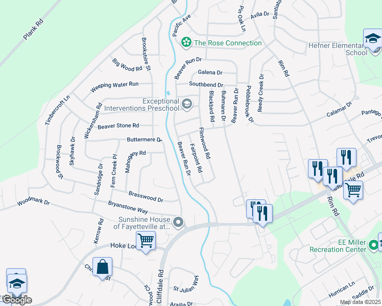 map of restaurants, bars, coffee shops, grocery stores, and more near 7462 Fairpoint Road in Fayetteville