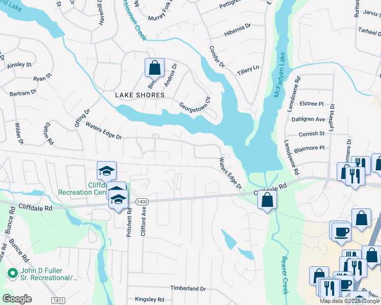 map of restaurants, bars, coffee shops, grocery stores, and more near 5761 Waterwood Drive in Fayetteville