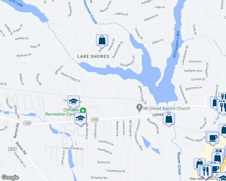 map of restaurants, bars, coffee shops, grocery stores, and more near 5816 Horton Place in Fayetteville
