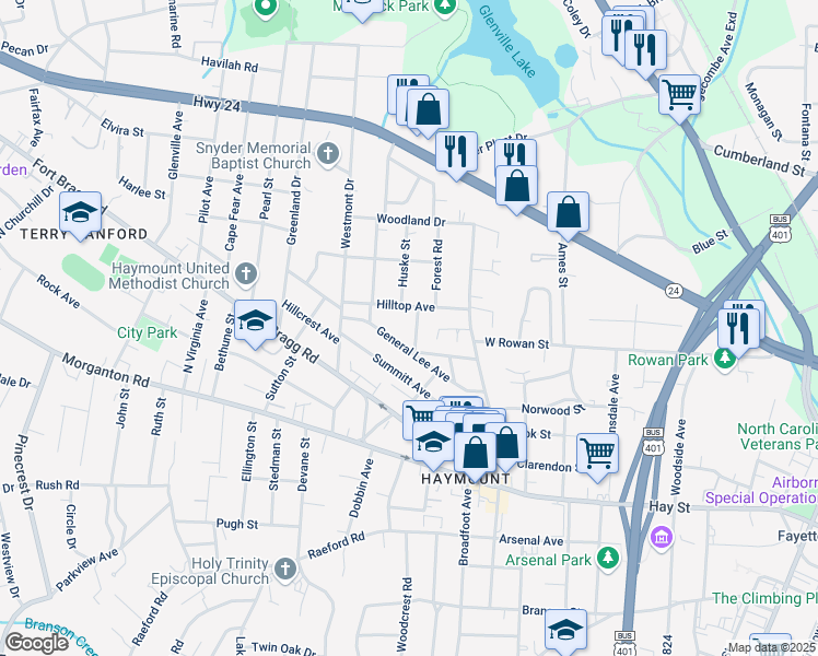 map of restaurants, bars, coffee shops, grocery stores, and more near 413 Park Avenue in Fayetteville
