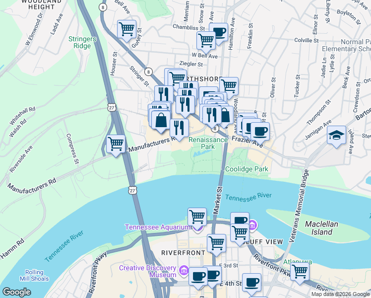 map of restaurants, bars, coffee shops, grocery stores, and more near 200 Manufacturers Road in Chattanooga
