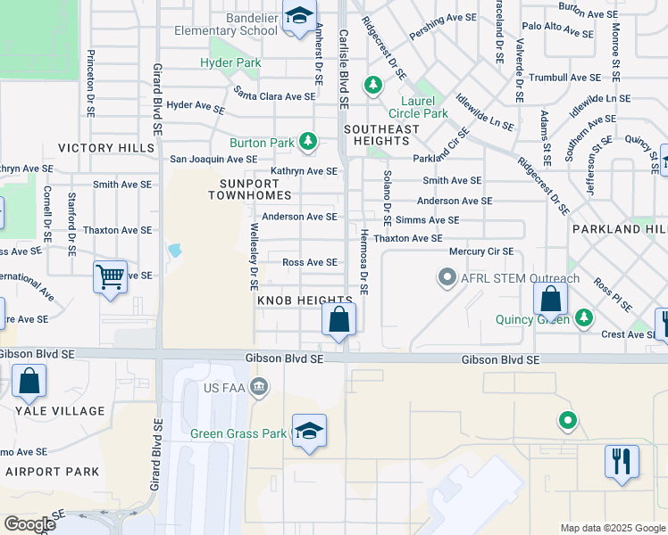 map of restaurants, bars, coffee shops, grocery stores, and more near 3526 Thaxton Avenue Southeast in Albuquerque