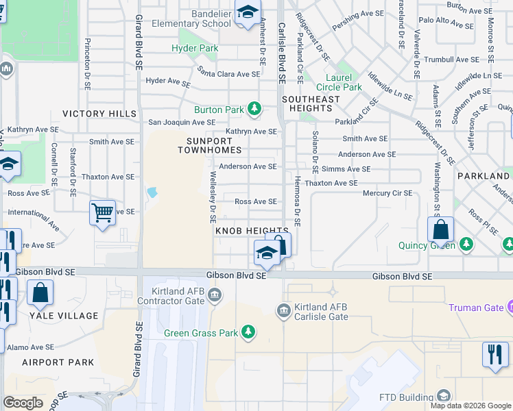map of restaurants, bars, coffee shops, grocery stores, and more near 3502 Thaxton Avenue Southeast in Albuquerque