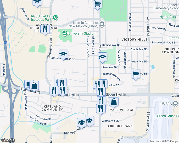 map of restaurants, bars, coffee shops, grocery stores, and more near 1710 Mesa Street Southeast in Albuquerque