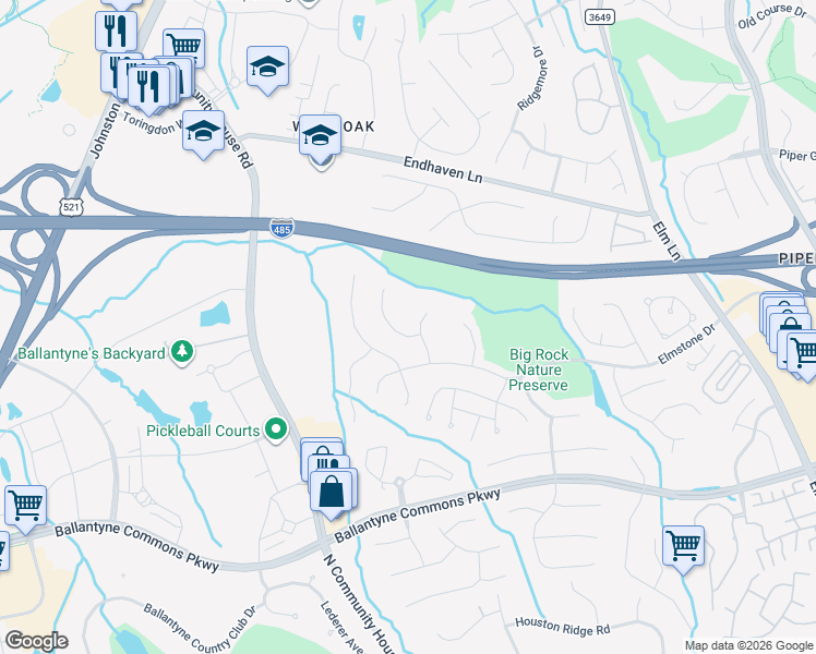 map of restaurants, bars, coffee shops, grocery stores, and more near 10704 Whitfield Ridge Drive in Charlotte