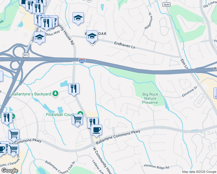 map of restaurants, bars, coffee shops, grocery stores, and more near 6911 Wolf Run Drive in Charlotte