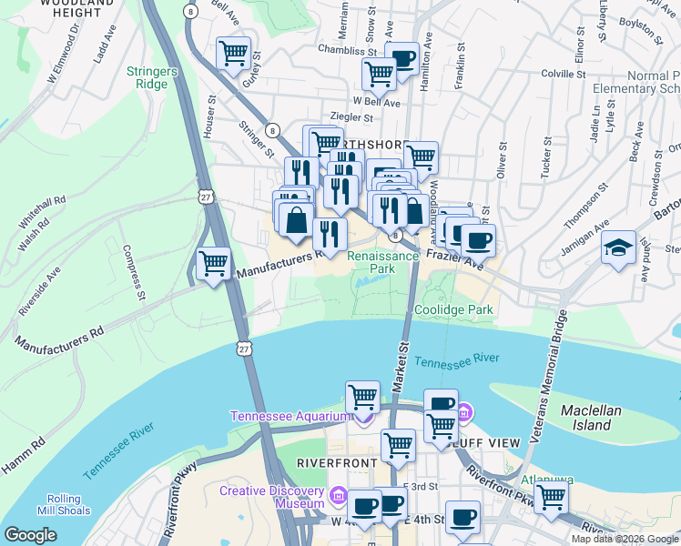map of restaurants, bars, coffee shops, grocery stores, and more near 200 Manufacturers Road in Chattanooga