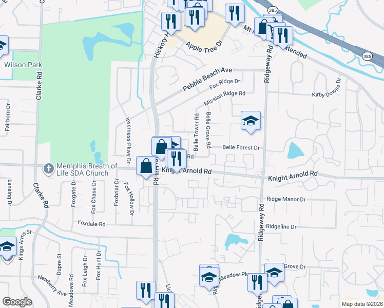 map of restaurants, bars, coffee shops, grocery stores, and more near 5983 Ponderosa Pine Trail in Memphis