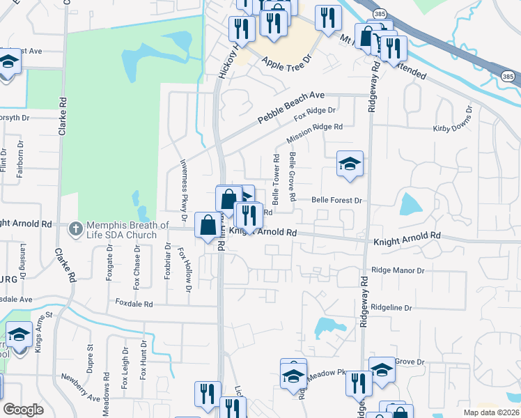 map of restaurants, bars, coffee shops, grocery stores, and more near 5983 Ponderosa Pine Trail in Memphis