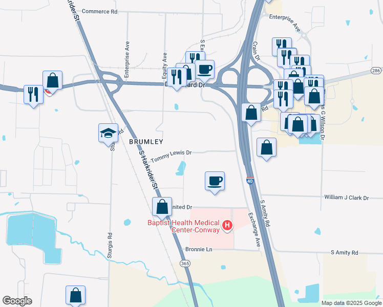 map of restaurants, bars, coffee shops, grocery stores, and more near Tommy Lewis Dr in Conway