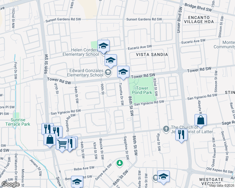 map of restaurants, bars, coffee shops, grocery stores, and more near 632 Lone Pine Drive Southwest in Albuquerque
