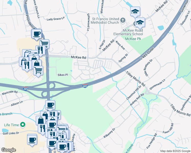 map of restaurants, bars, coffee shops, grocery stores, and more near 11419 Glaetzer Lane in Charlotte