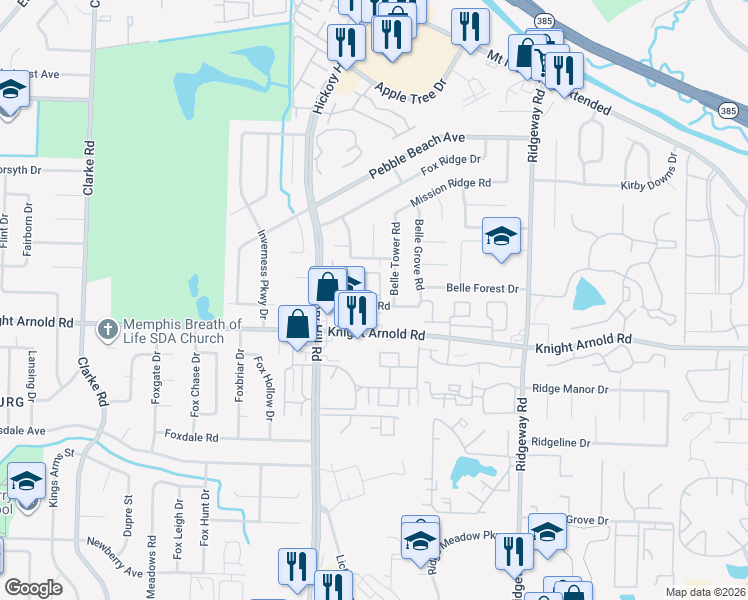 map of restaurants, bars, coffee shops, grocery stores, and more near 5983 Ponderosa Pine Trail in Memphis