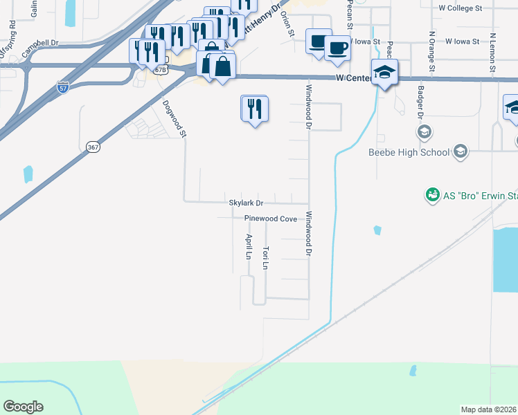 map of restaurants, bars, coffee shops, grocery stores, and more near 606 Sandy Drive in Beebe
