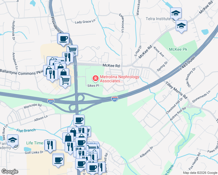 map of restaurants, bars, coffee shops, grocery stores, and more near 11112 Saintsbury Place in Charlotte