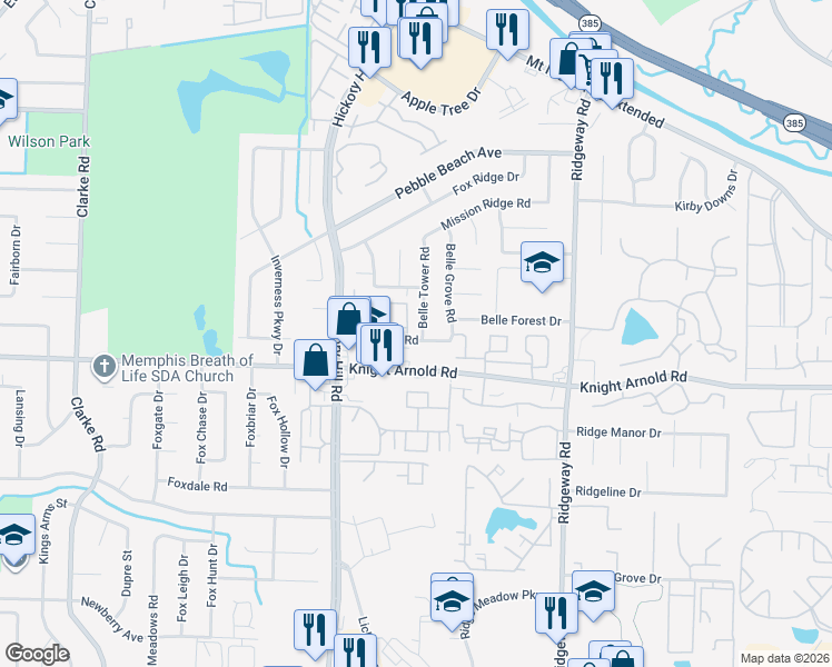 map of restaurants, bars, coffee shops, grocery stores, and more near 5983 Ponderosa Pine Trail in Memphis