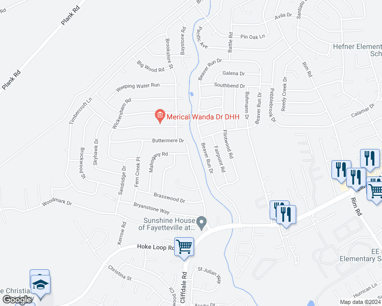 map of restaurants, bars, coffee shops, grocery stores, and more near 6808 Buttermere Drive in Fayetteville