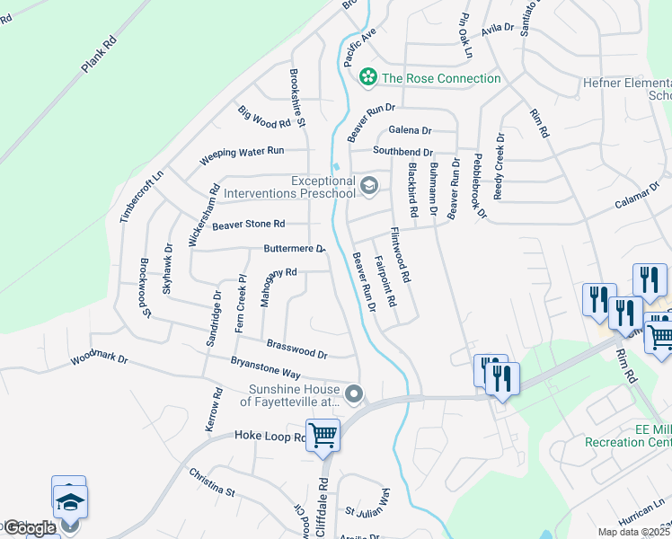 map of restaurants, bars, coffee shops, grocery stores, and more near 6808 Buttermere Drive in Fayetteville
