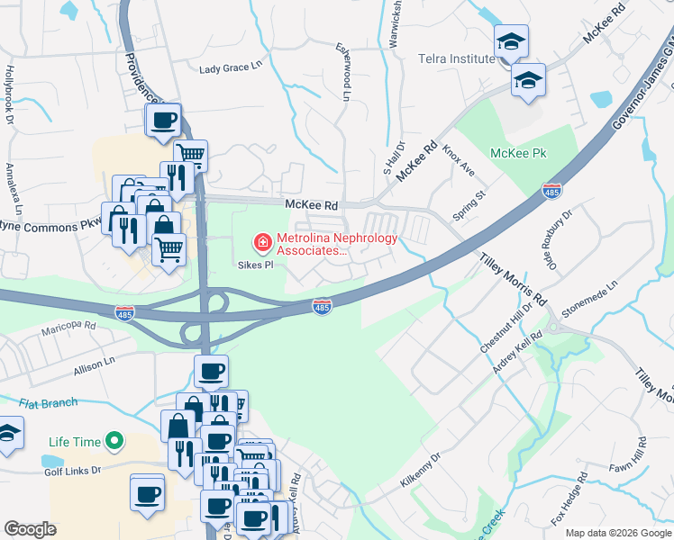 map of restaurants, bars, coffee shops, grocery stores, and more near 11164 Saintsbury Place in Charlotte