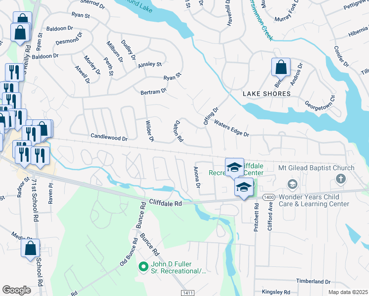 map of restaurants, bars, coffee shops, grocery stores, and more near 6012 Dalton Road in Fayetteville