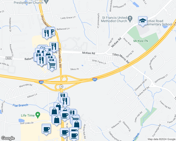 map of restaurants, bars, coffee shops, grocery stores, and more near 11830 Shoemaker Court in Charlotte