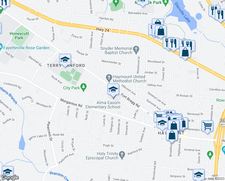 map of restaurants, bars, coffee shops, grocery stores, and more near 1623 Fort Bragg Road in Fayetteville