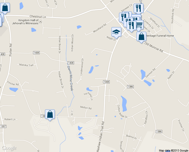 map of restaurants, bars, coffee shops, grocery stores, and more near 1014 Summer Creste Drive in Indian Trail