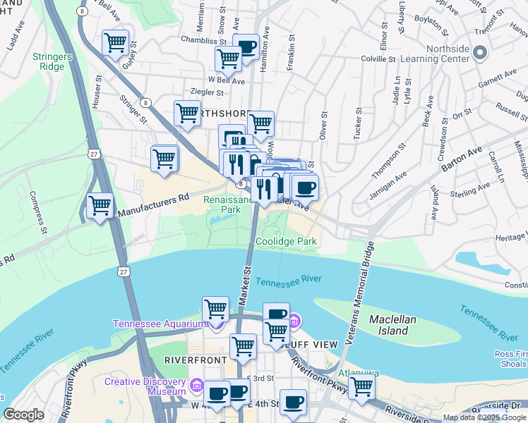 map of restaurants, bars, coffee shops, grocery stores, and more near in Chattanooga