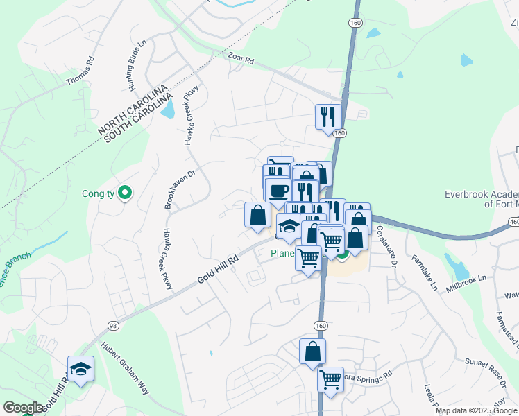 map of restaurants, bars, coffee shops, grocery stores, and more near 2909 Old Farm Road in Fort Mill