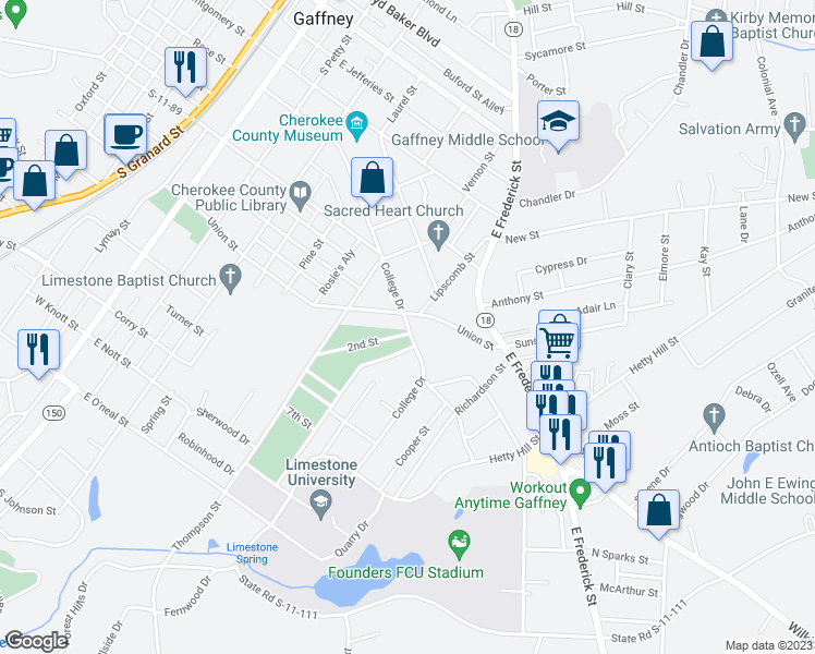 map of restaurants, bars, coffee shops, grocery stores, and more near 727 College Drive in Gaffney