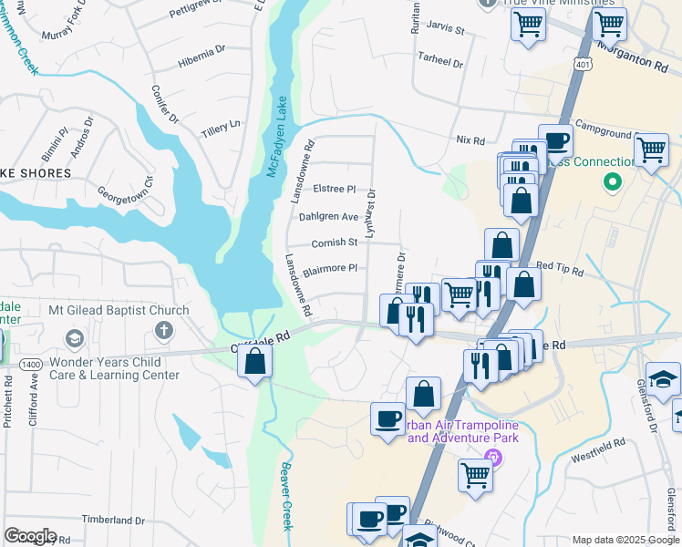 map of restaurants, bars, coffee shops, grocery stores, and more near 6013 Blairmore Place in Fayetteville