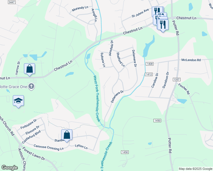 map of restaurants, bars, coffee shops, grocery stores, and more near 1024 Westbury Drive in Matthews